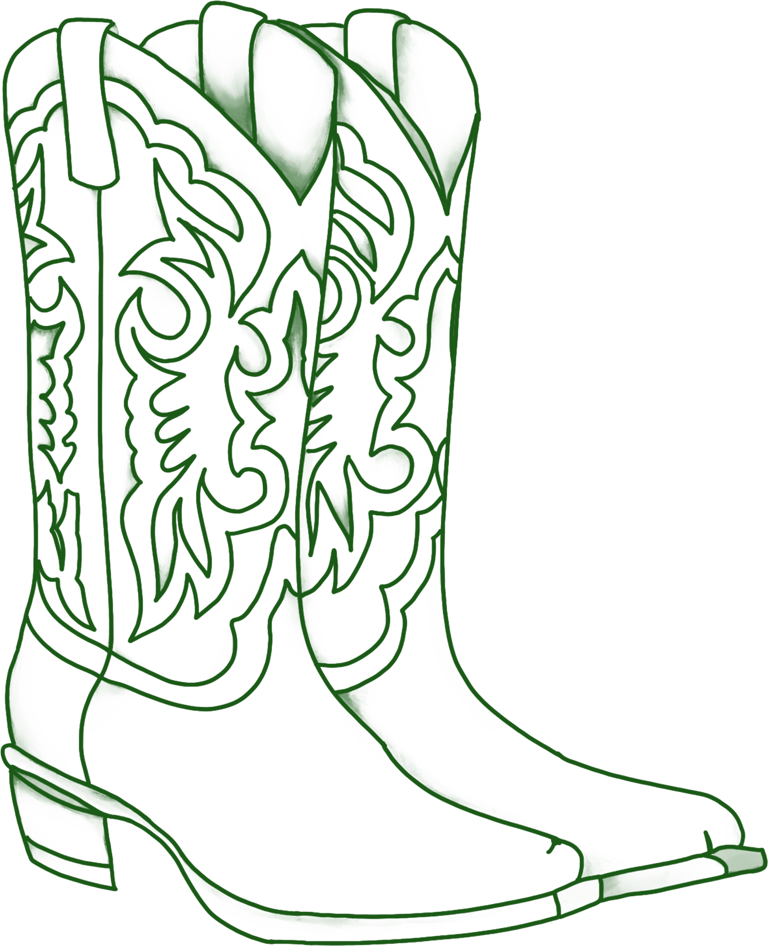 Line drawing of a cowboy boot decorated with intricate floral and swirl patterns.